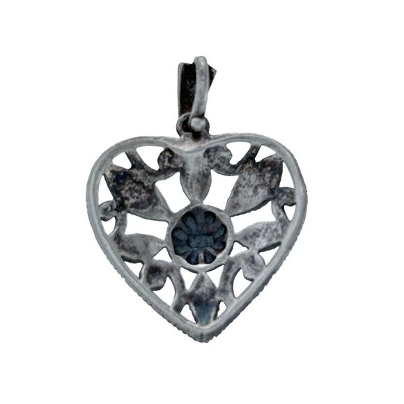 Vintage Sterling Silver 925 Milgrain Scroll Marcasite Open Heart Pendant - Picture 2 of 5